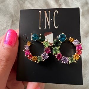 INC Gold-Tone Medium Mixed Stone Colorful Rainbow C-Hoop Earrings